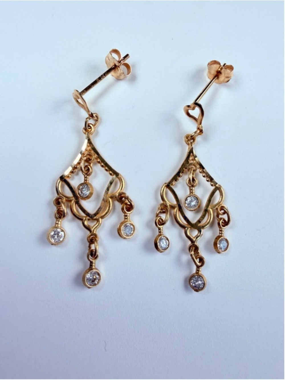 14K Solid Yellow Gold Cubic Zirconia CZ Filigree Chandelier Dangle Earrings